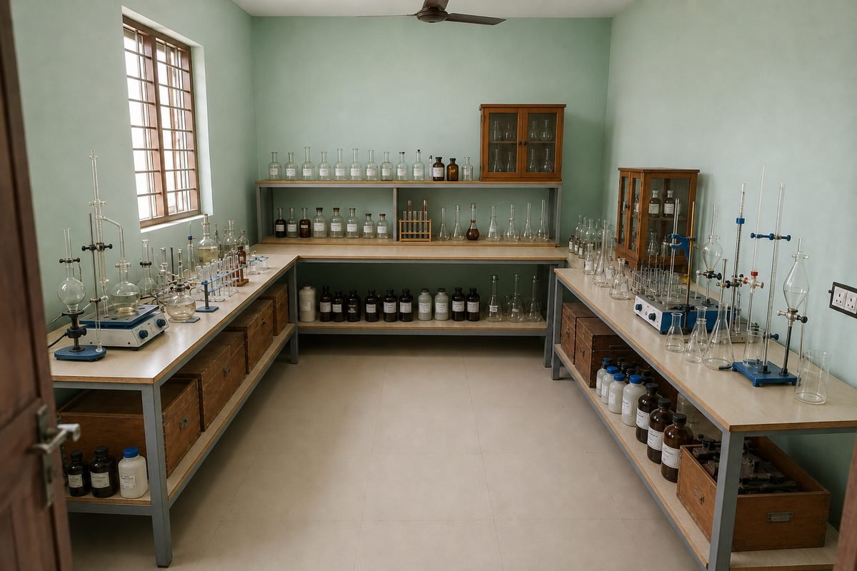 Chemistry laboratory at BSR Degree College with glassware and reagent bottles
