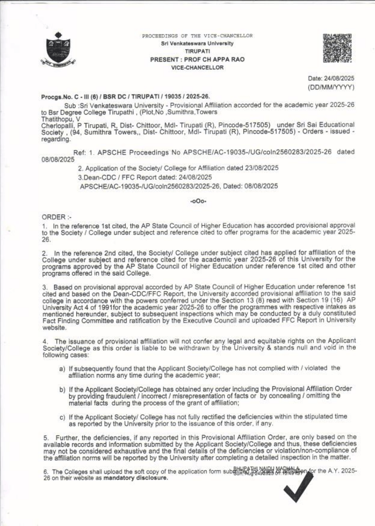 AFFILIATION ORDER 25-26-1